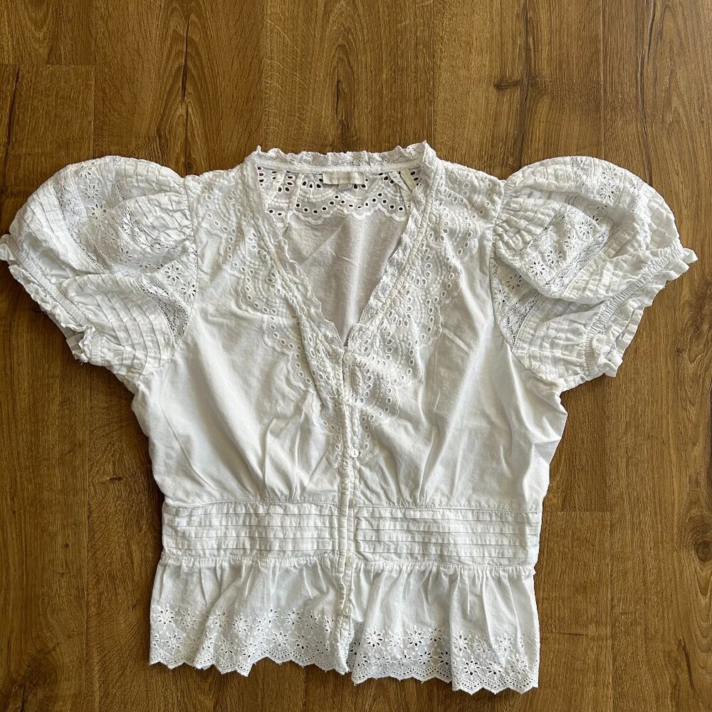 Jennifer + Grace Juniors XL White Eyelet Peplum Top Puff Sleeve Blouse